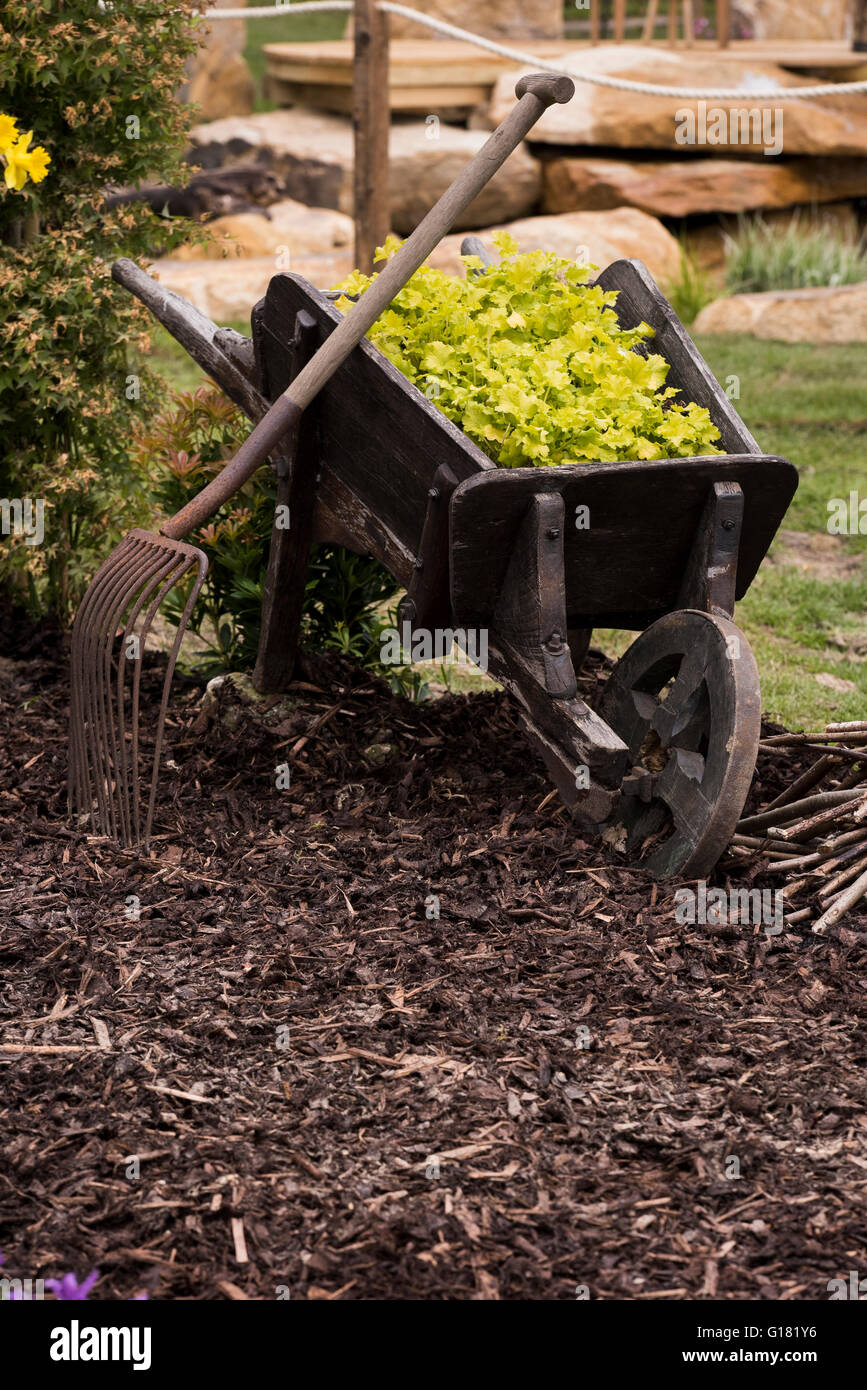 Molla di Harrogate Flower Show 2016 (North Yorkshire, Inghilterra) - carriola piantatrice in 'paradiso faunistico l' mostrano il giardino. Foto Stock