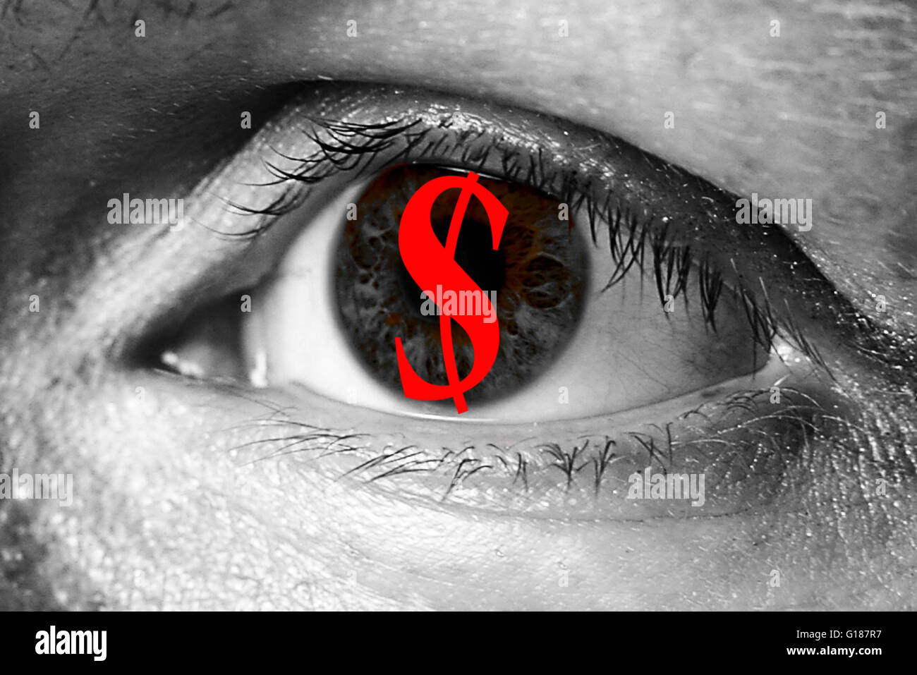 Dollaro segno di denaro in big eye estrema avidità immigrato clandestino closeup Foto Stock
