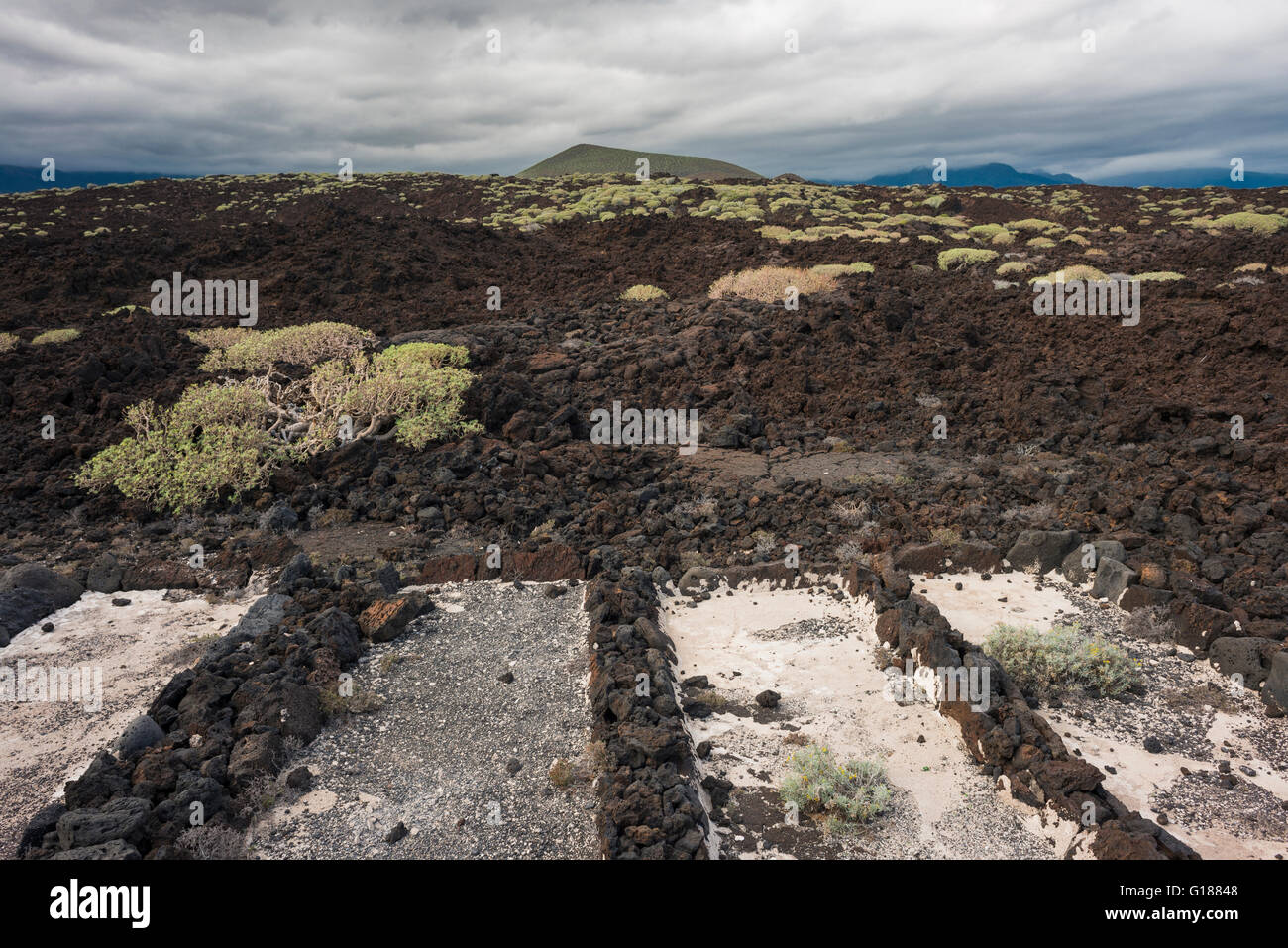 In disuso sale piccole teglie di evaporazione nel Malpais de Guimar, Tenerife, Isole Canarie Foto Stock