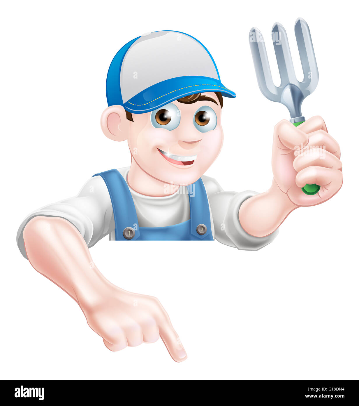 Un cartoon giardiniere carattere in un cappuccio e salopette da blu tenendo un giardino attrezzo forcella e con la punta rivolta verso il basso Foto Stock