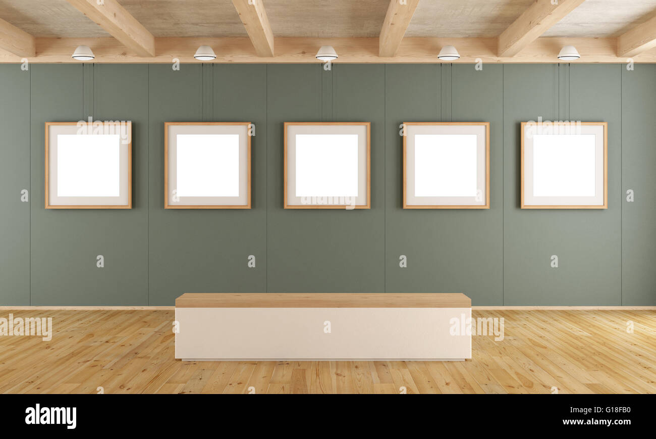Galleria d'Arte Moderna con pannelli di verde , telaio vuoto e banco - 3d rendering Foto Stock