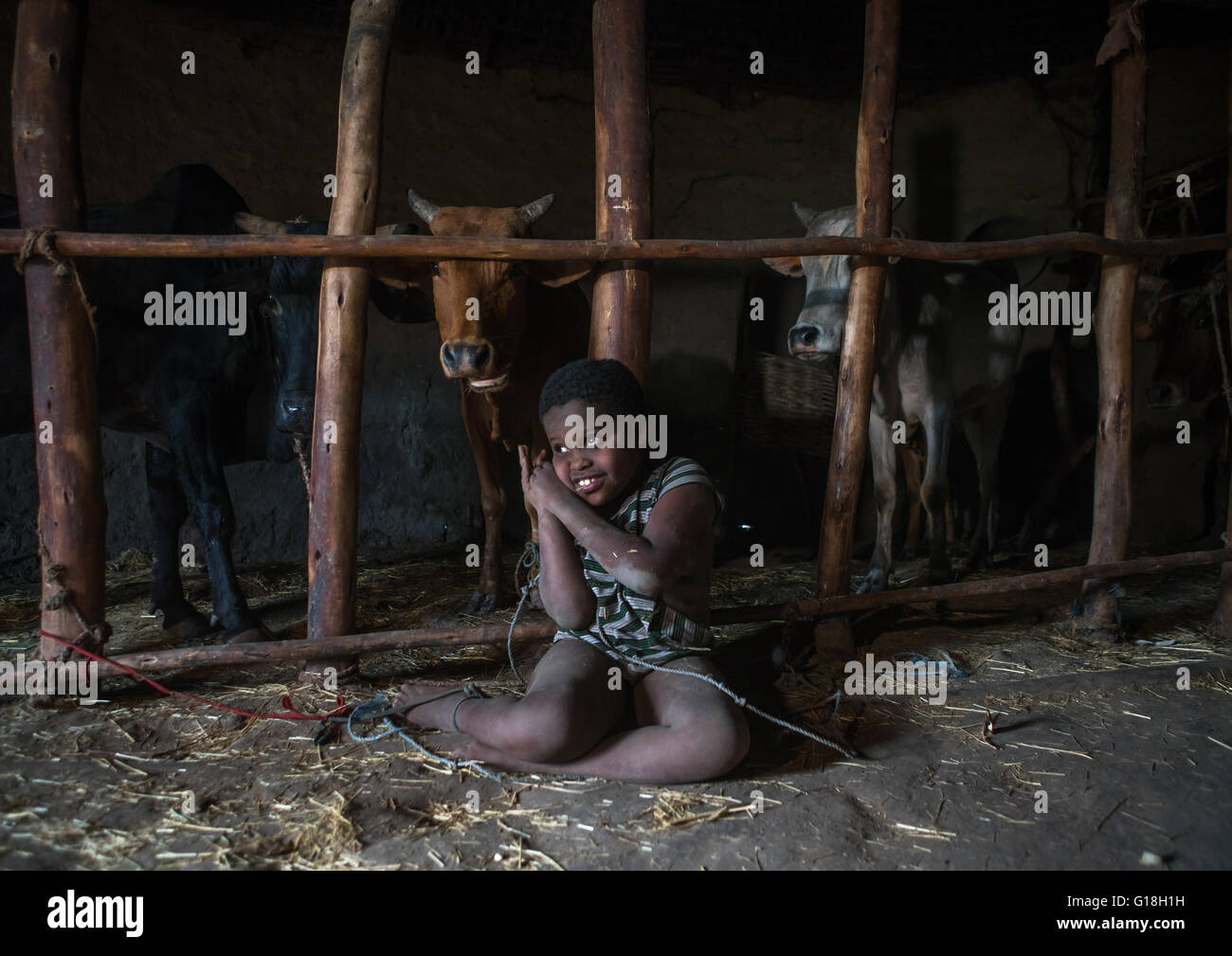 Fisicamente e mentalmente figlio minorato concatenati per un recinto in una casa, Kembata, Alaba kuito, Etiopia Foto Stock