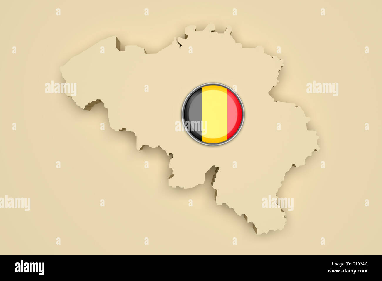 3D rendering del Belgio i confini e pulsante con il Belgio bandiera su sfondo bianco. Foto Stock