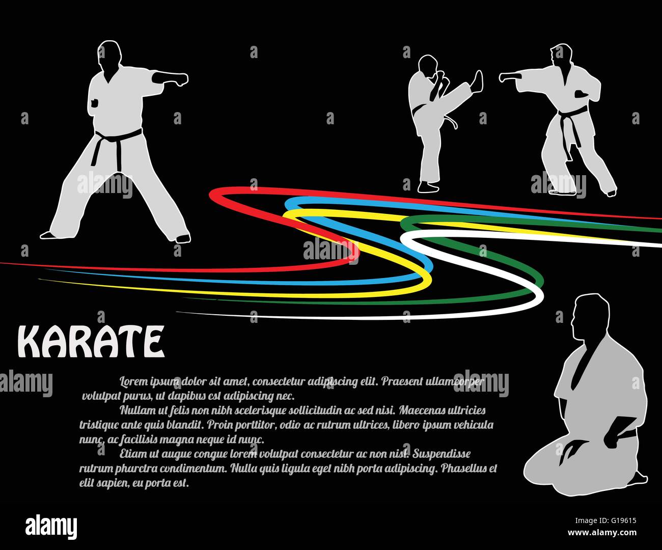 Il Karate poster sfondo con i combattenti sagome su nero, illustrazione vettoriale Illustrazione Vettoriale