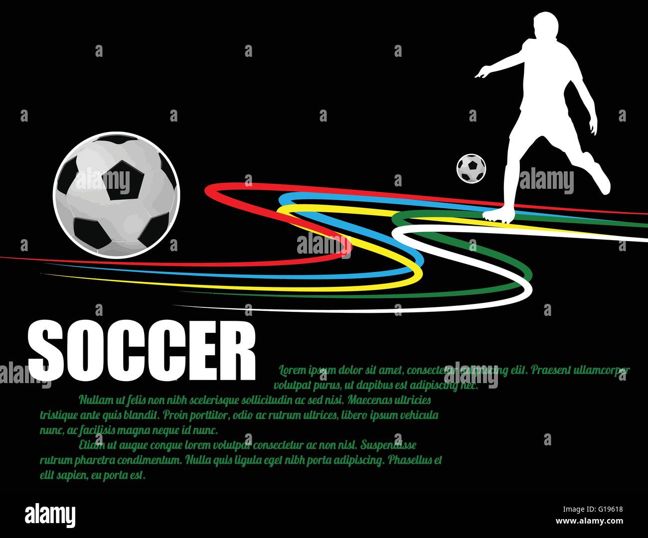 Soccer poster sfondo con i giocatori sulla silhouette nera, illustrazione vettoriale Illustrazione Vettoriale