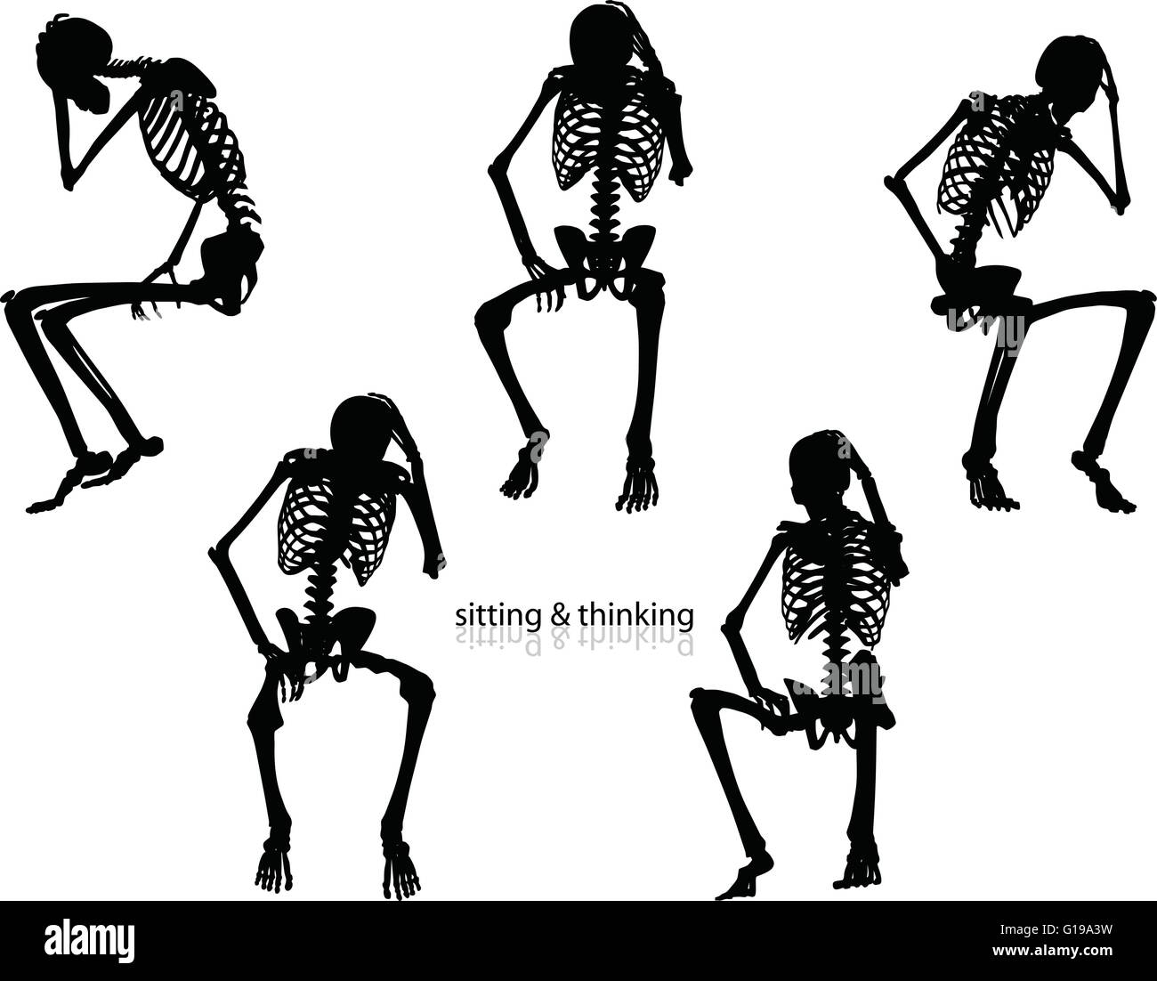 Immagine vettoriale - silhouette dello scheletro nel pensiero pongono isolati su sfondo bianco Illustrazione Vettoriale
