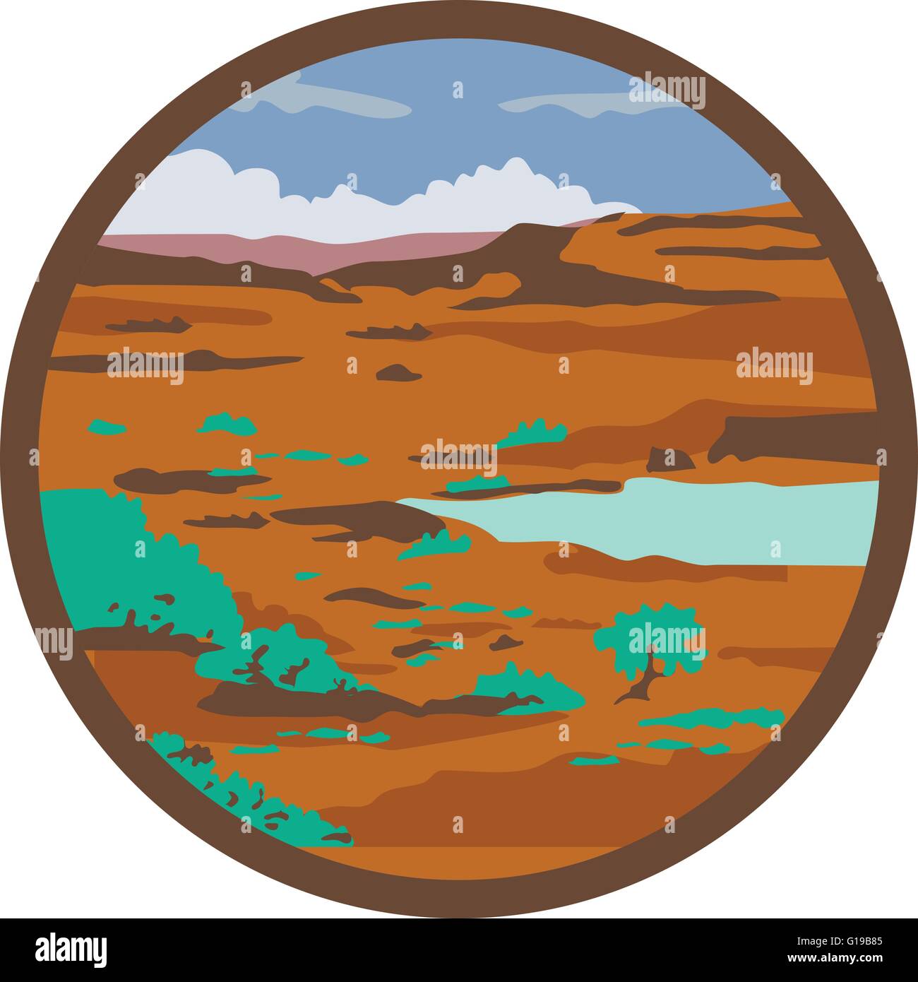 Illustrazione di un deserto o steppa arida con il bacino del lago insieme all'interno del cerchio fatto in stile retrò. Illustrazione Vettoriale