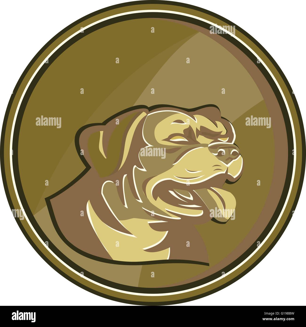 Illustrazione di un rottweiler Metzgerhund mastiff-cane cane da guardia capo visto dal lato impostato all'interno del cerchio Gold Medallion fatto in stile retrò. Illustrazione Vettoriale