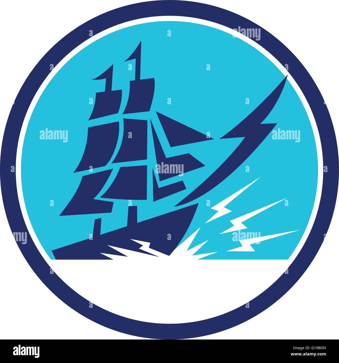 Illustrazione di un alto galeone a vela nave con il simbolo del fulmine sulla prua visto dal lato impostato all'interno del cerchio fatto in stile retrò. Illustrazione Vettoriale