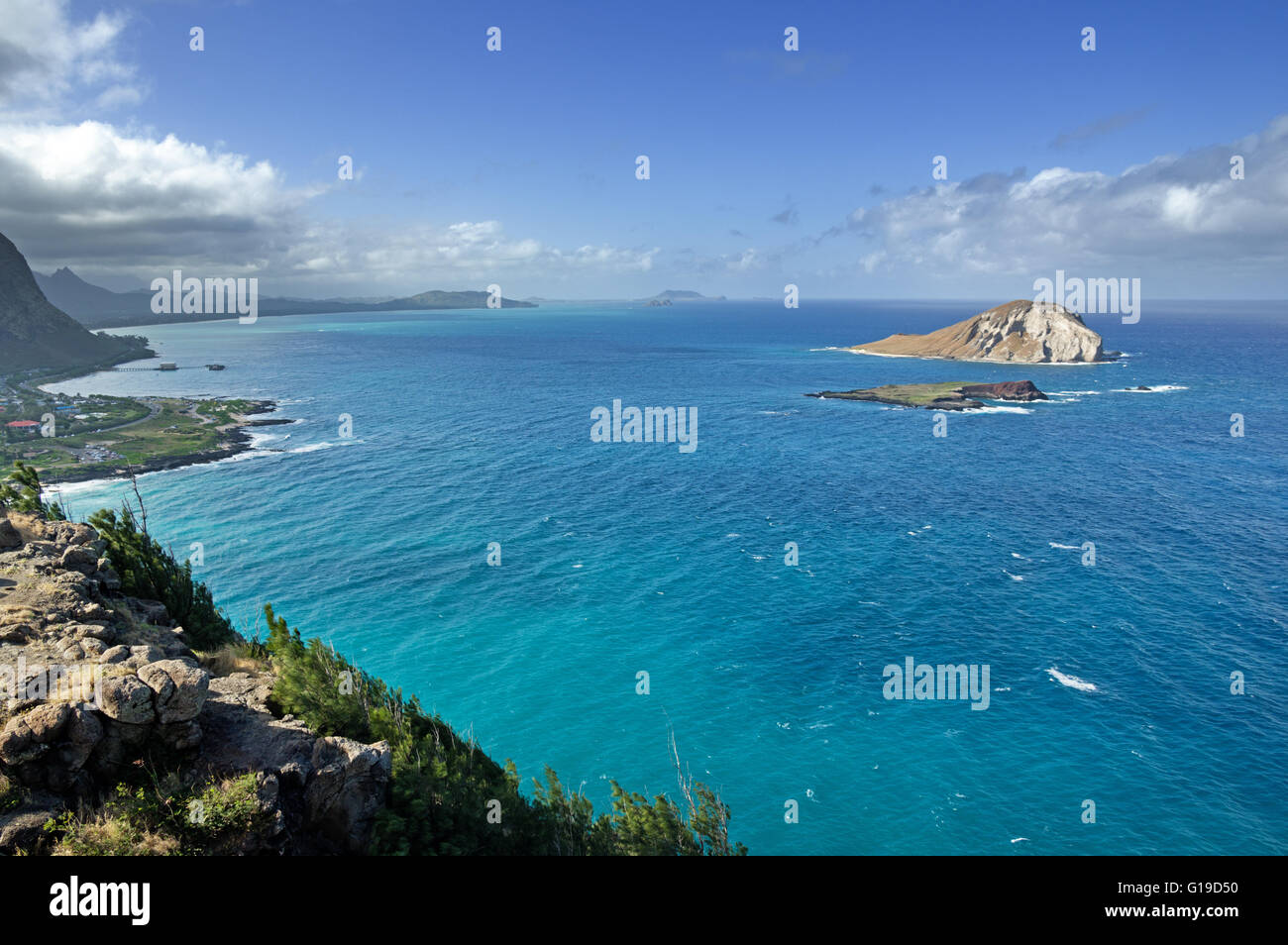 Vista di ventoso di Oahu da Makapuu Point Foto Stock