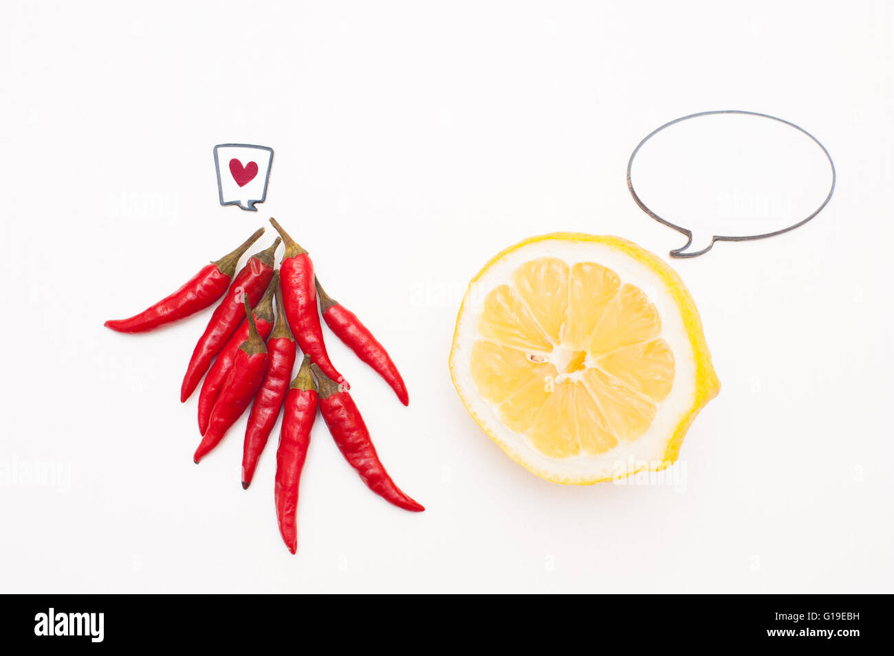 Parlando del cibo: limone e peperoncino piccante con etichette comico parlare di rapporto di amore su sfondo bianco Foto Stock