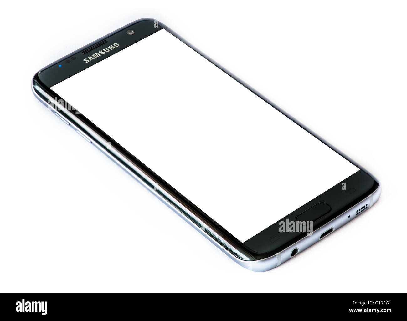 Varna, Bulgaria - marzo, 09, 2016: Studio shot di un nero Samsung Galaxy S7 dello smartphone di bordo, con 12 MP, f 1,7, 26mm Fotocamera, qua Foto Stock