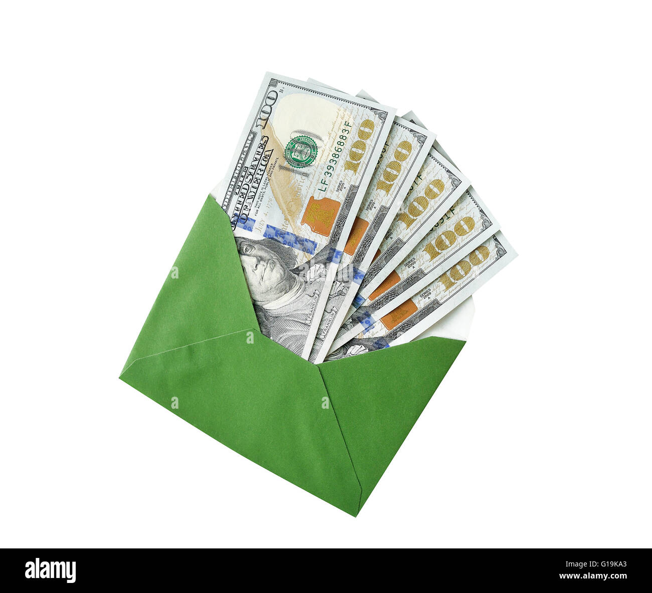 Di dollari in una busta su sfondo bianco Foto Stock