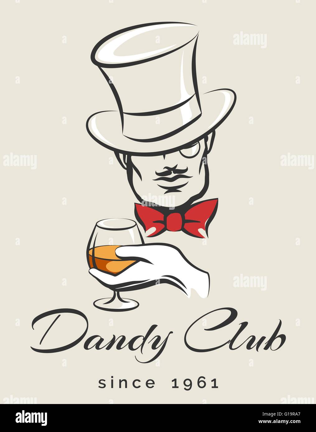 Dandy o Mens Club emblema con gentleman detiene il bicchiere di scotch. illustrazione in stile retrò. Free font utilizzato. Illustrazione Vettoriale