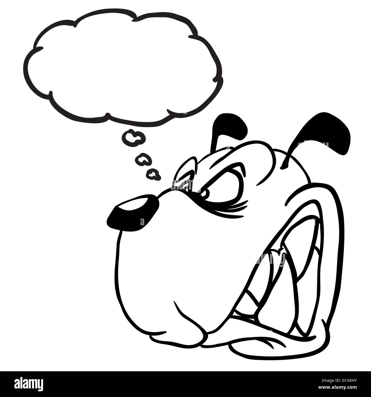 Semplice in bianco e nero arrabbiato cane con fumetto pensiero Illustrazione Vettoriale