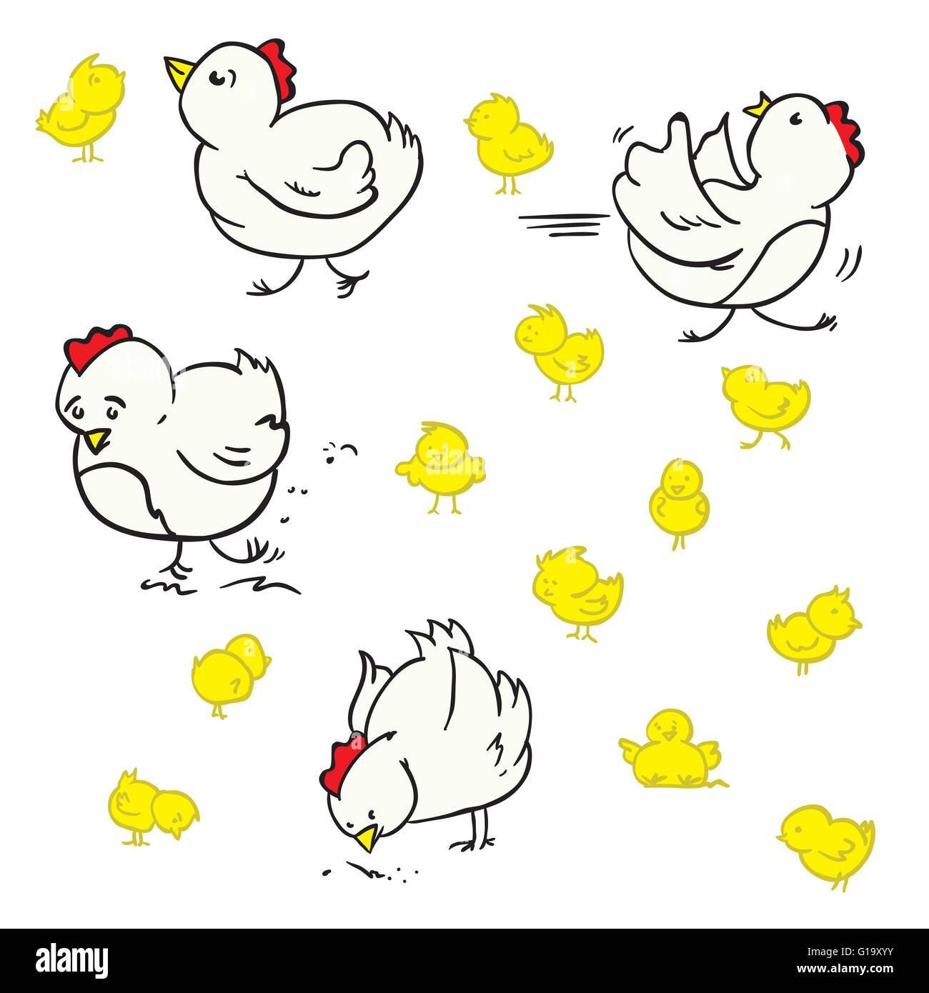 Cartoon scarabocchio di galline e polli Illustrazione Vettoriale