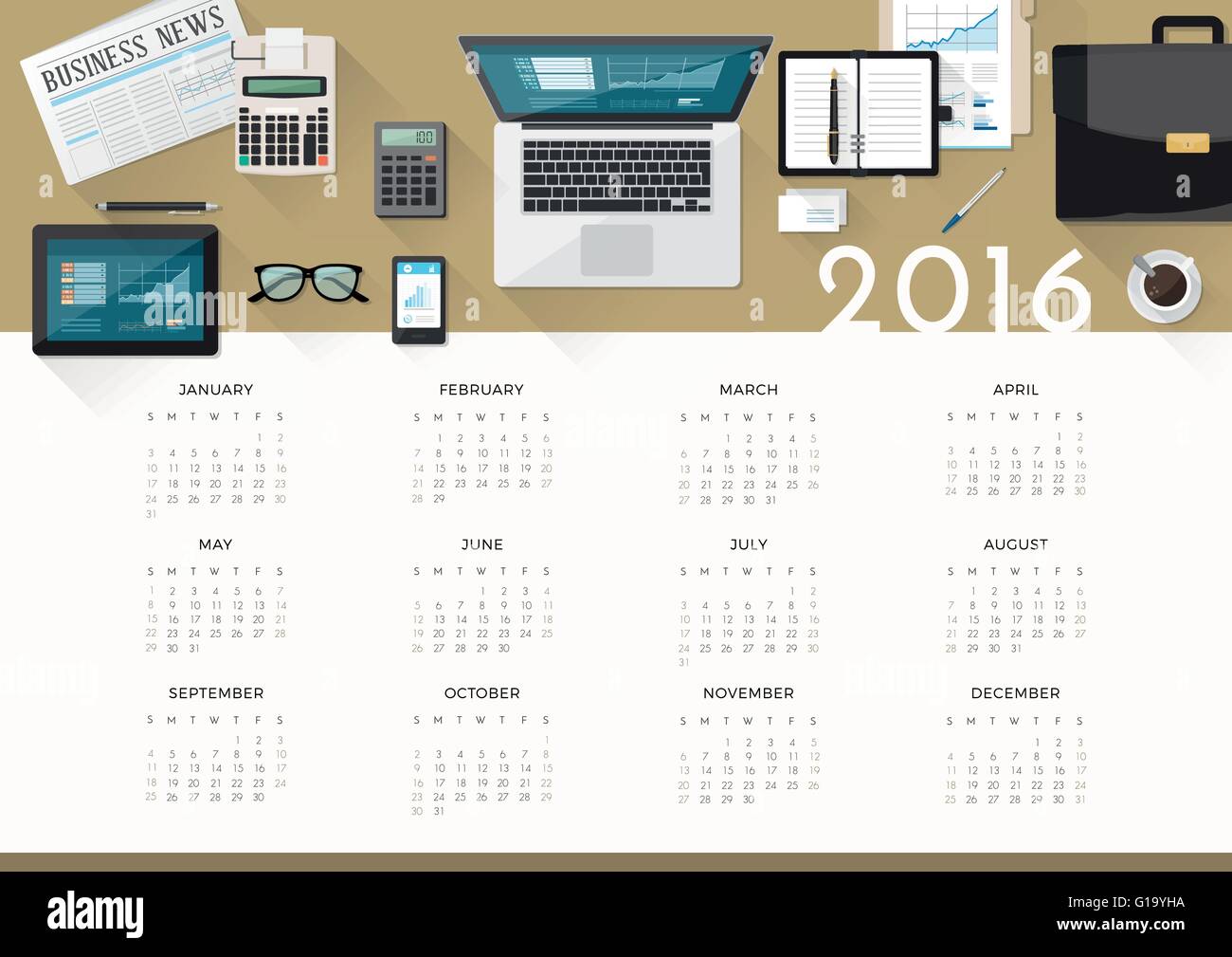 Calendario Business 2016, desktop vista superiore con laptop e strumenti di lavoro Illustrazione Vettoriale