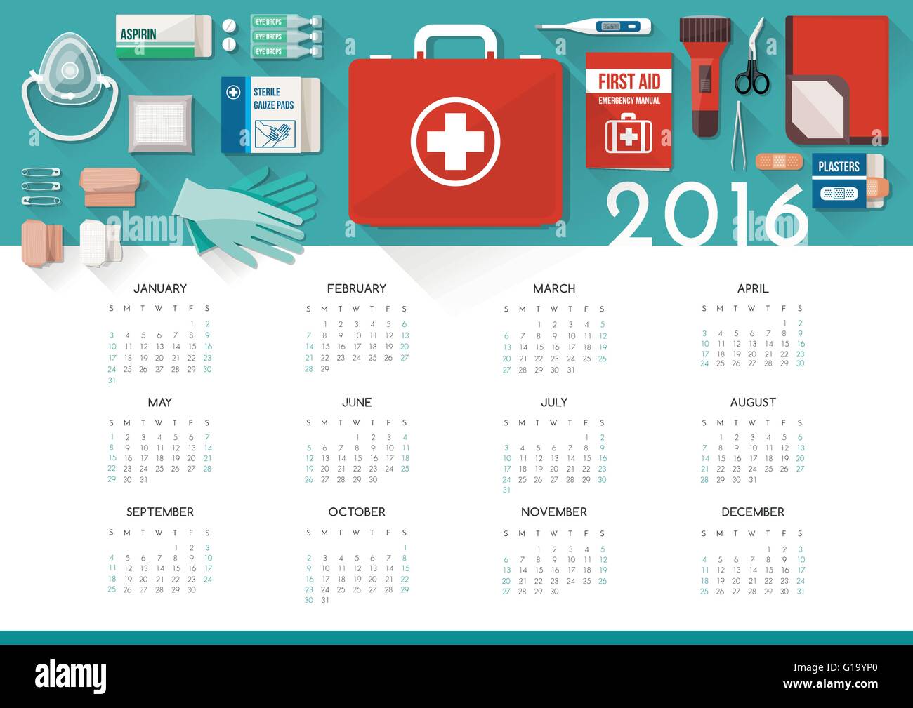 Kit di primo soccorso calendario 2016 con forniture mediche per le emergenze, il concetto di assistenza sanitaria Illustrazione Vettoriale