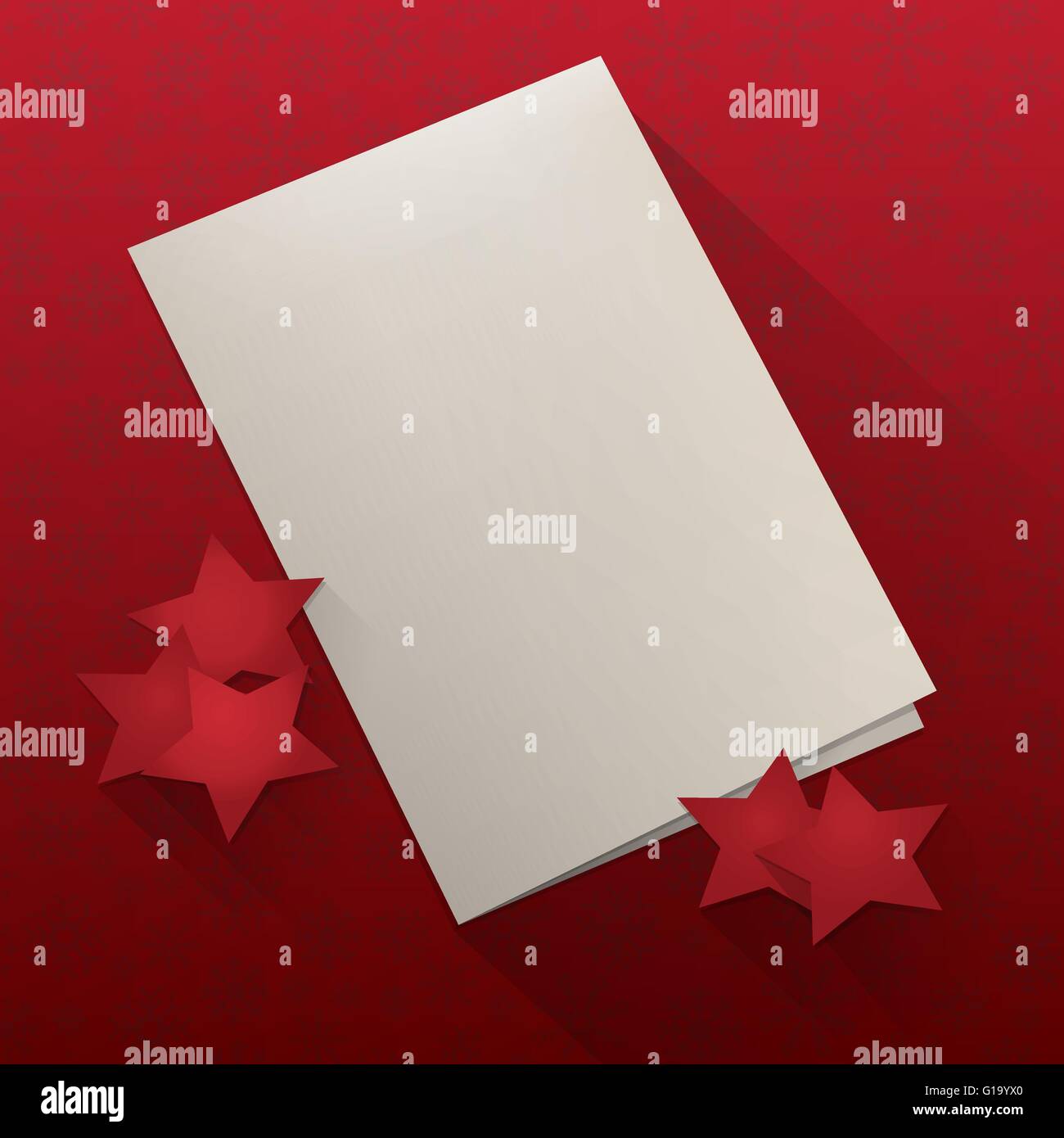 Vettore scheda di Natale sulla rossa di fiocchi di neve sullo sfondo di texture con stelle di carta Illustrazione Vettoriale