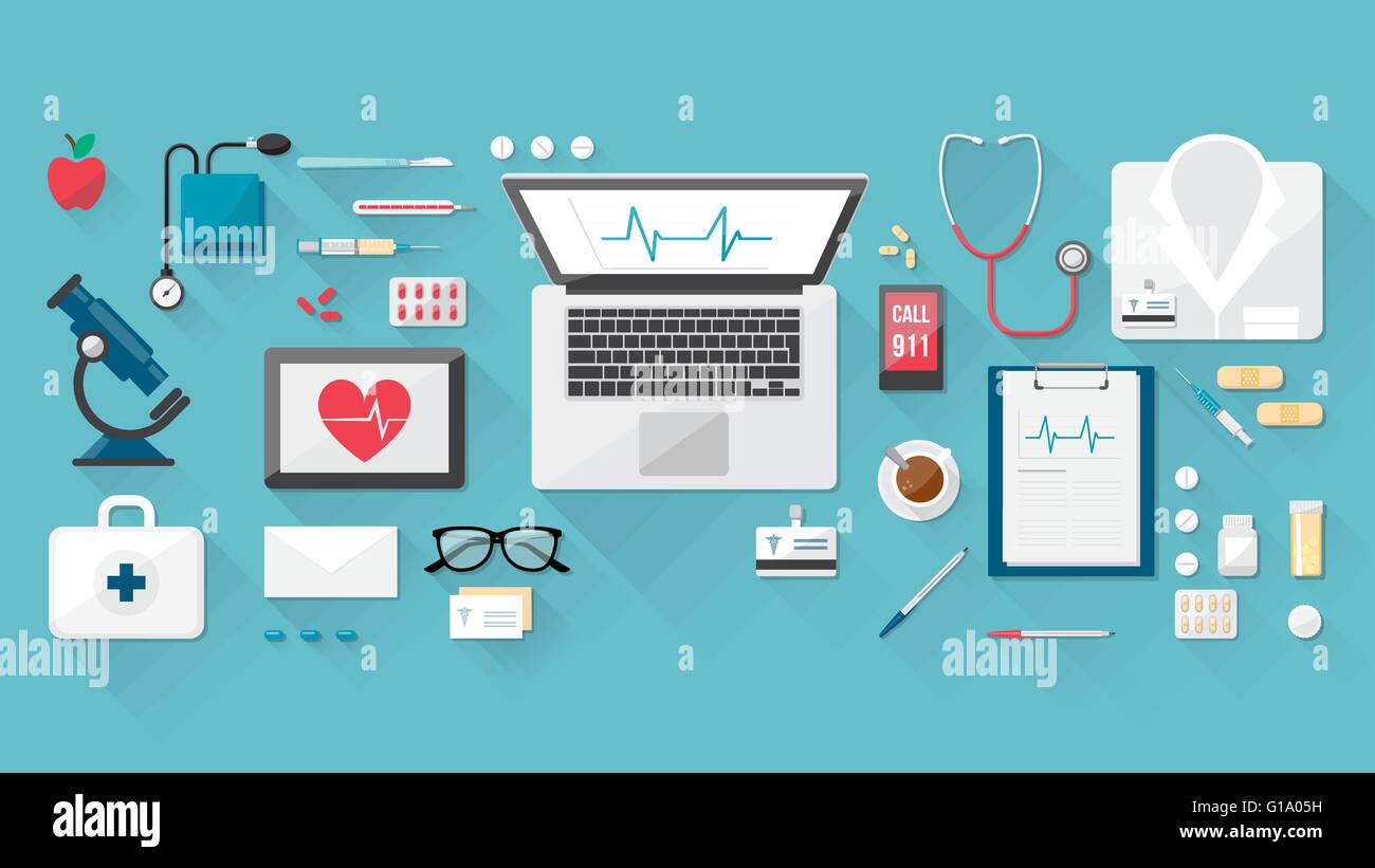 Doctor's desktop con delle cure mediche di strumenti e apparecchiature, laptop, tablet e telefono Illustrazione Vettoriale