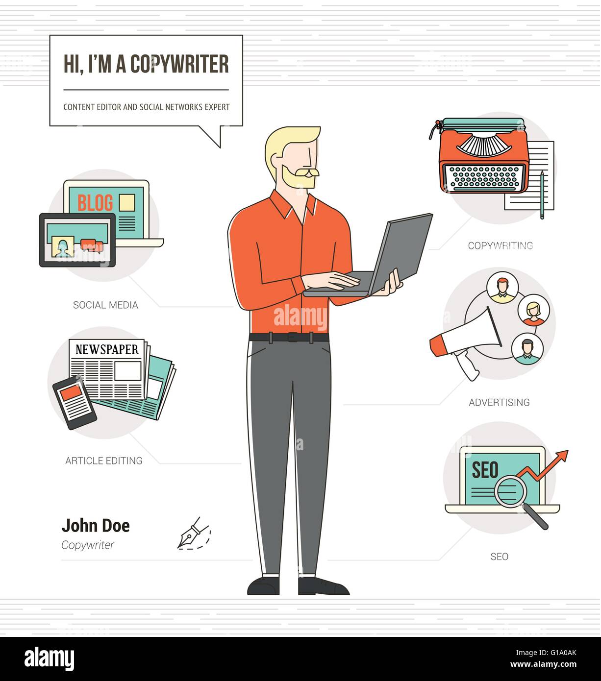 Professional copywriter infografico riprendere le competenze con le icone e gli strumenti Illustrazione Vettoriale