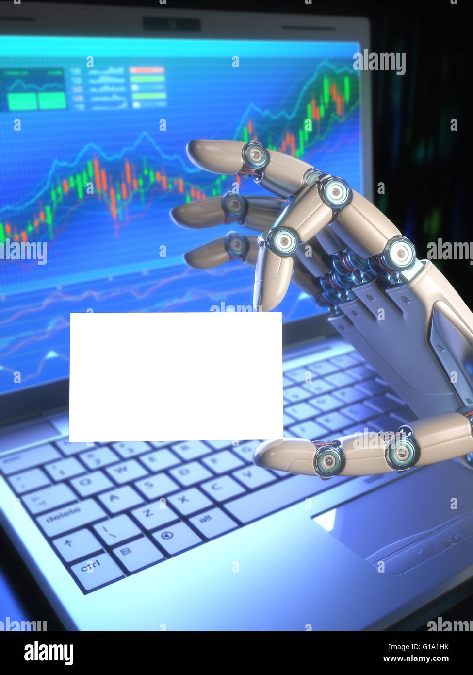 Robot trading system è un software utilizzato nel mercato azionario che invia automaticamente mestieri. Il testo sulla scheda. Foto Stock