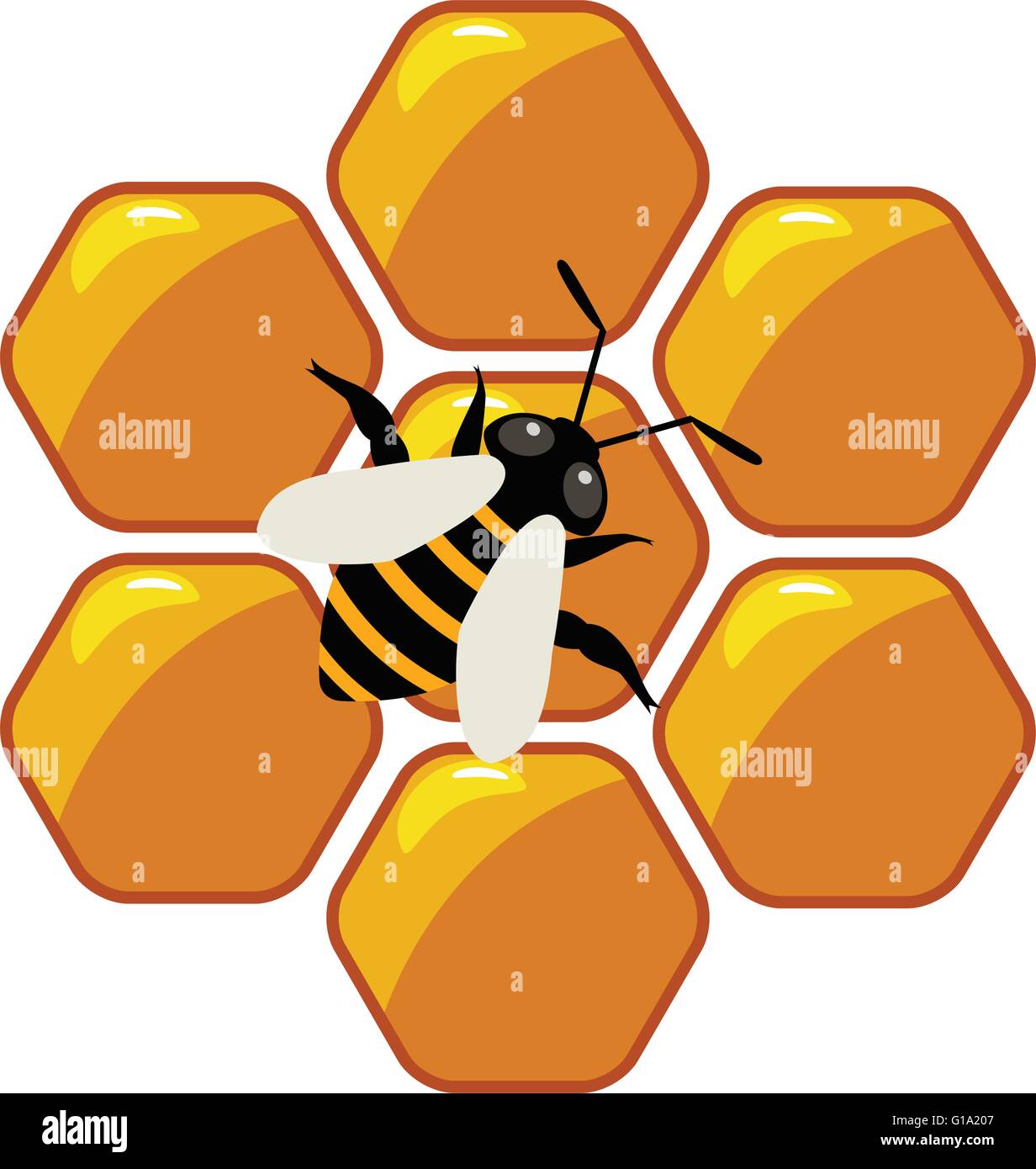 Simbolo del vettore di lavorare ape su honeycells Illustrazione Vettoriale