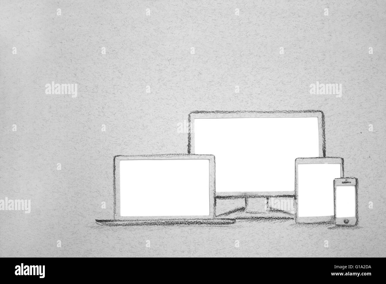 La fotografia del dispositivo impostato disegnato su carta grigia con copia bianca spazio isolato, monitor laptop tablet pc telefono cellulare smartphone Foto Stock