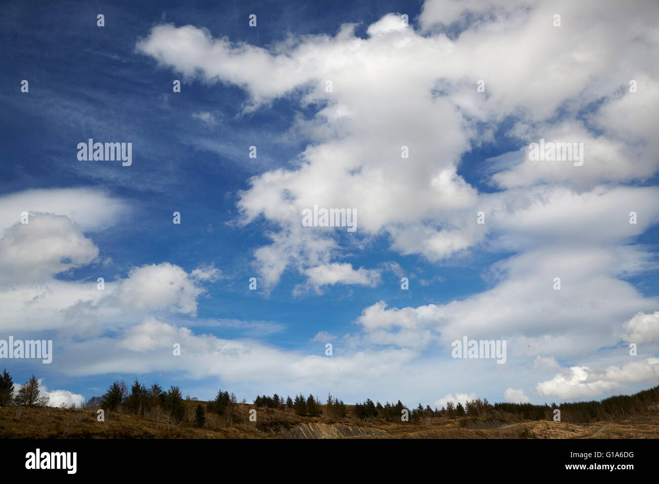 Un luminoso cielo blu in una giornata di sole con soffici nuvole bianche, Foto Stock