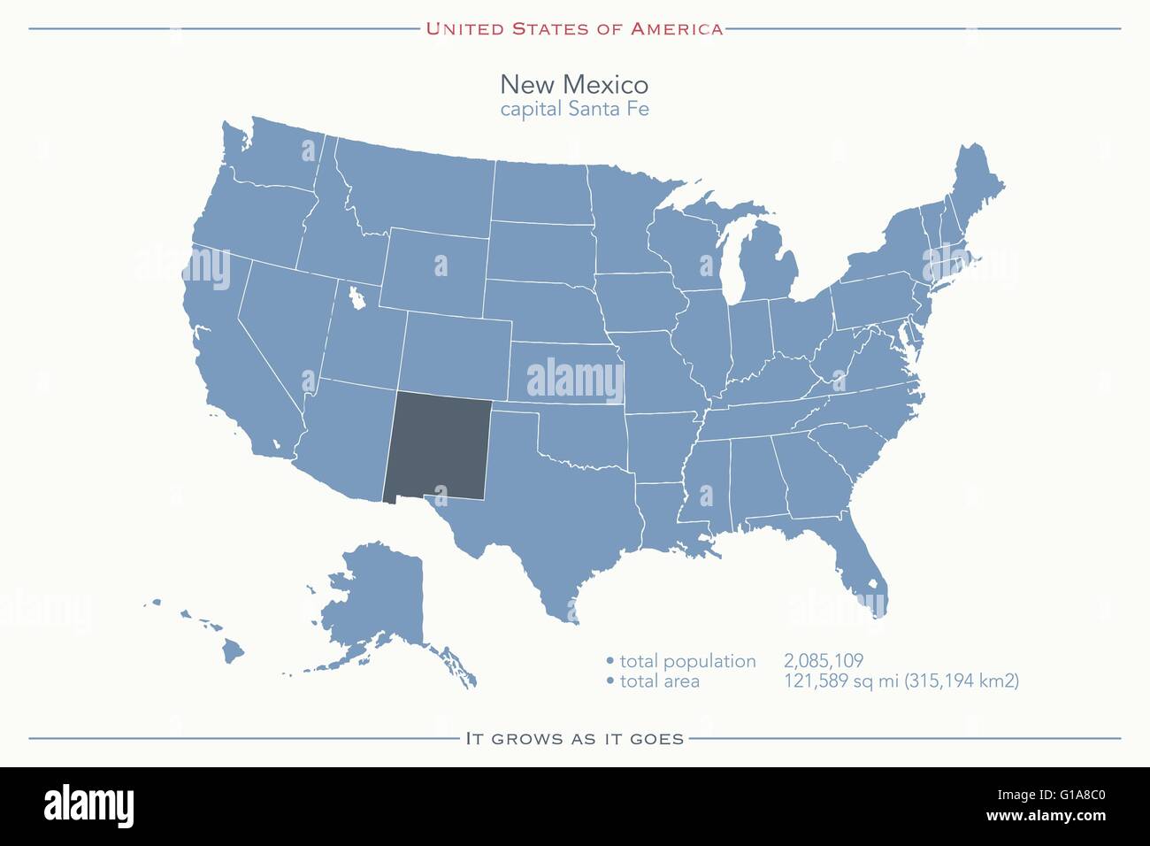 Stati Uniti d'America isolata e mappa dello stato del New Mexico territorio. vettore politico USA mappa geografica modello di pagina di intestazione Illustrazione Vettoriale