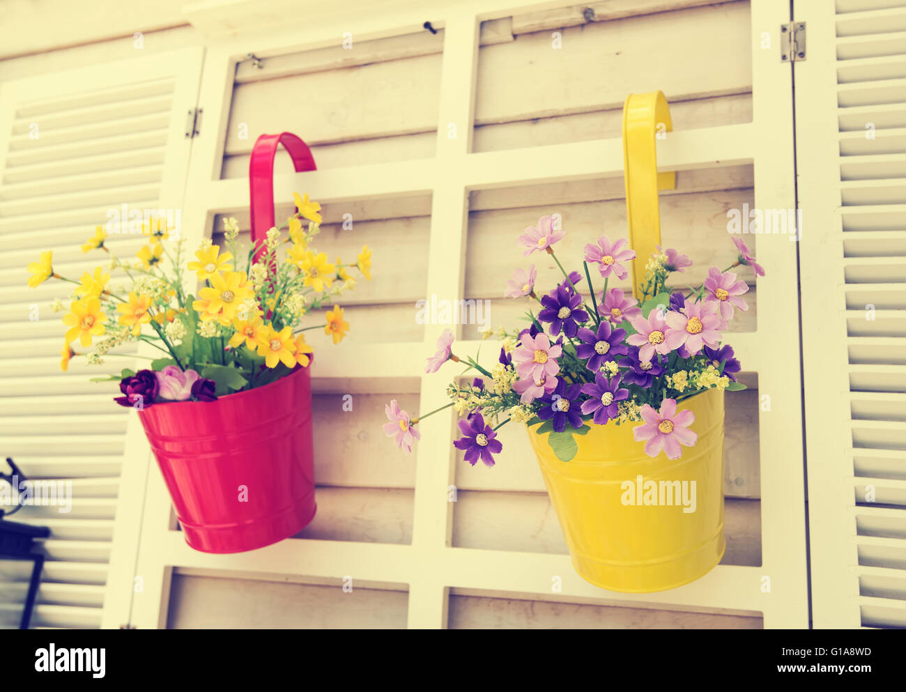 Appendere dei POT del fiore con recinto Foto Stock