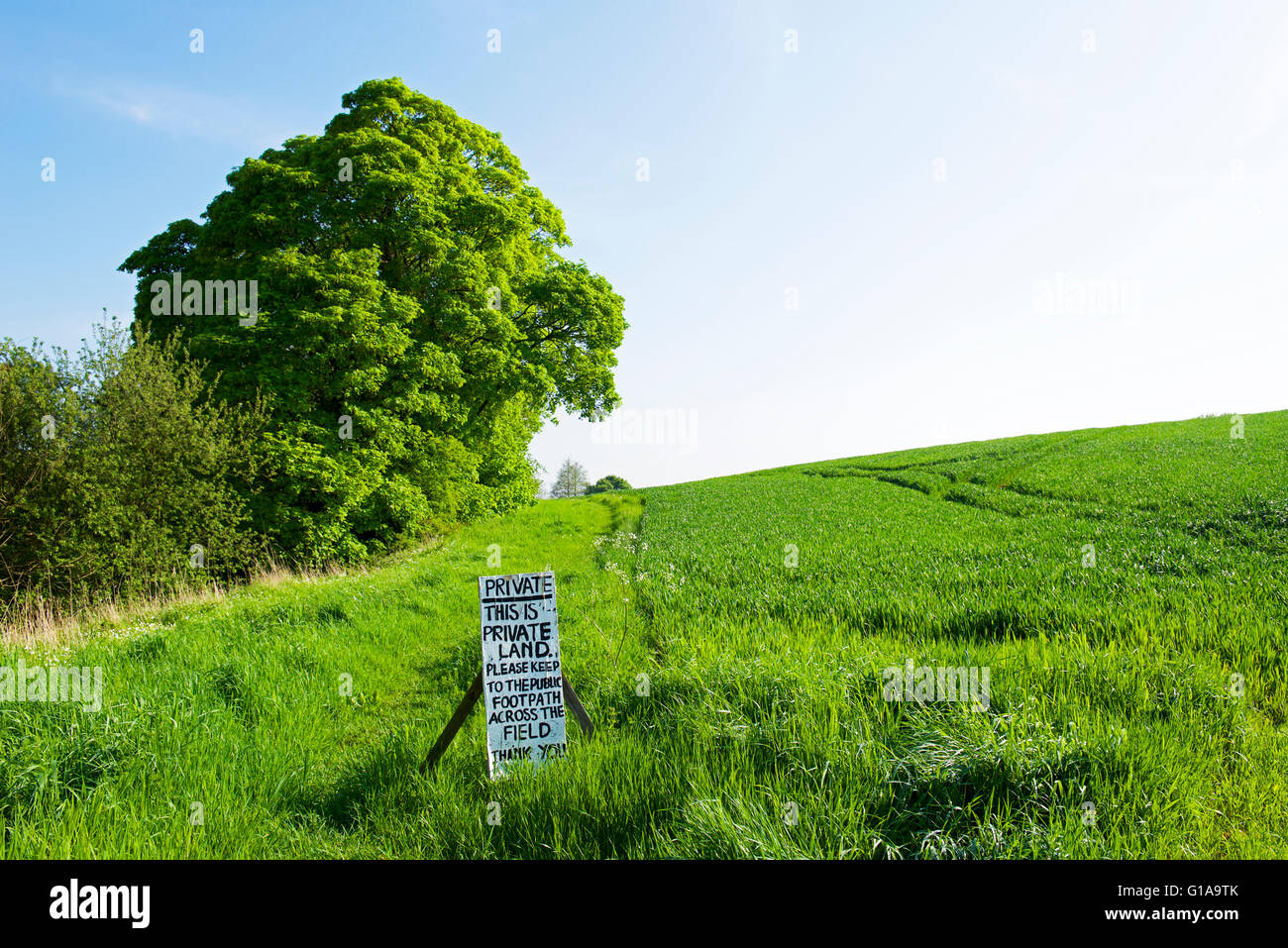 Sign in campo dicendo questo è un terreno privato, England Regno Unito Foto Stock