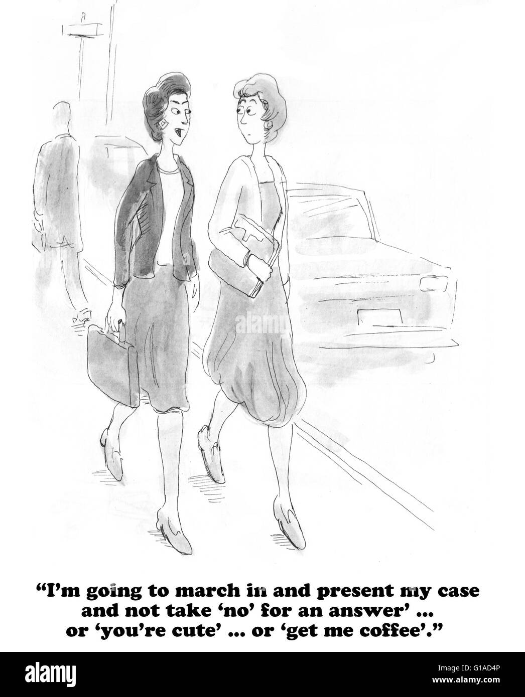 Cartoon business circa il rifiuto di accettare il comportamento sessista dal boss a lavoro. Foto Stock