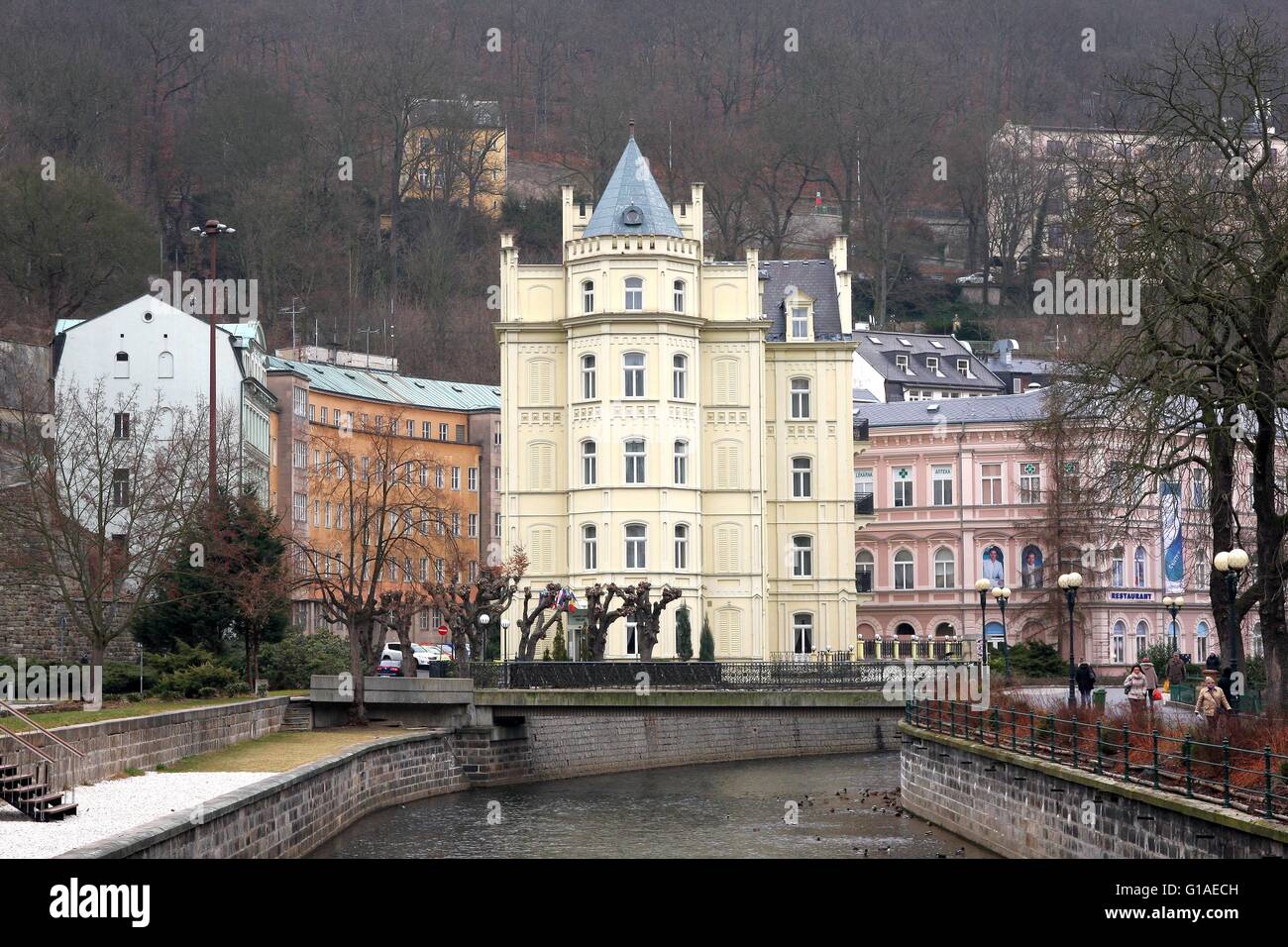 Karlovy Vary, Repubblica Ceca: vista sulla città Foto Stock