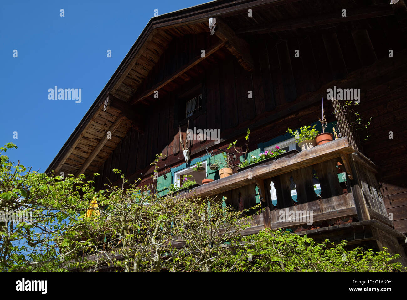 Tradizionale bavarese casa in legno con balcone, Berchtesgaden, Baviera, Germania Foto Stock