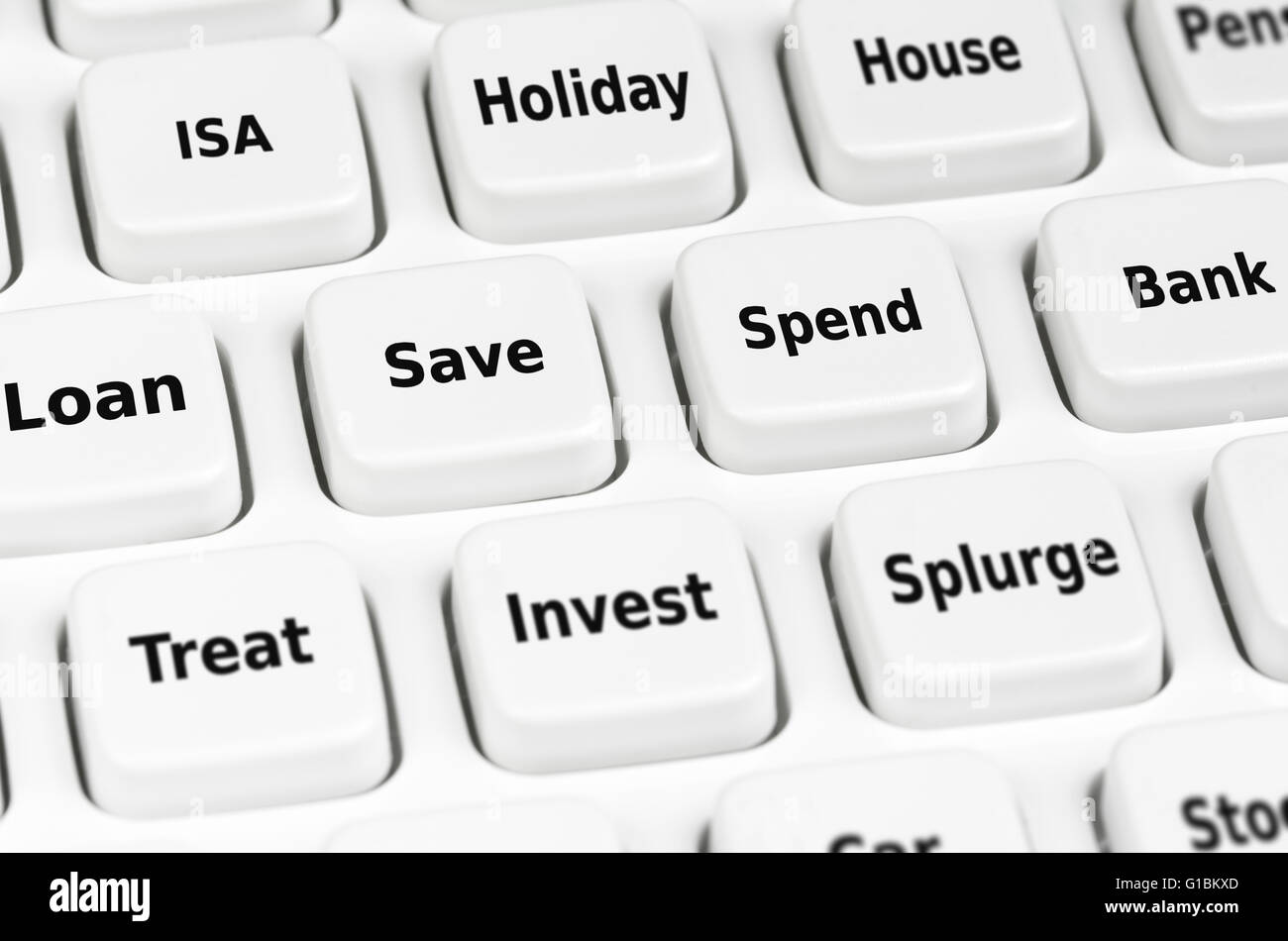 Le opzioni finanziarie - tastiera di computer con diverse scelte di come utilizzare il denaro. Foto Stock