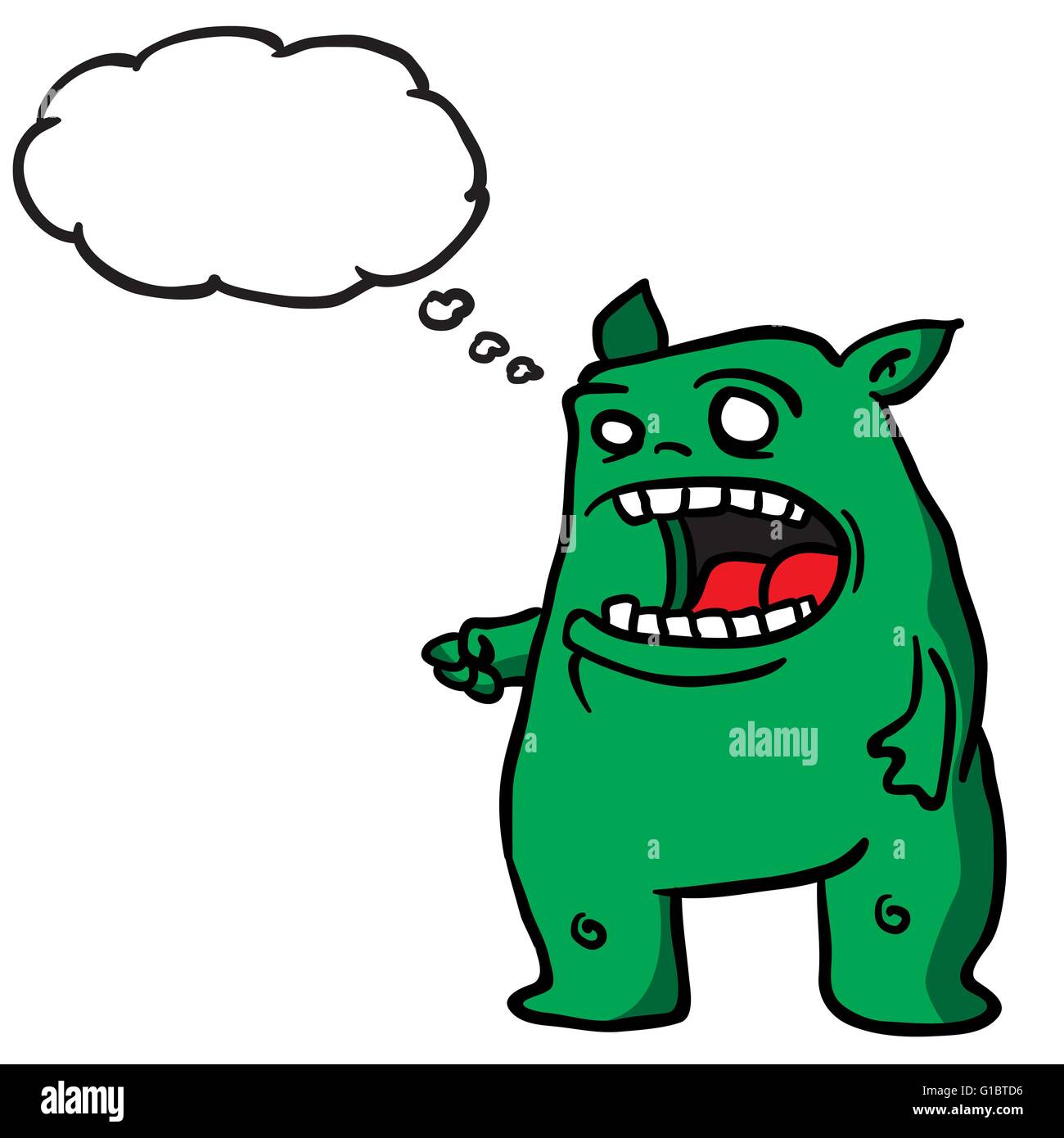 Mostro verde con bolle di pensiero cartoon Illustrazione Vettoriale