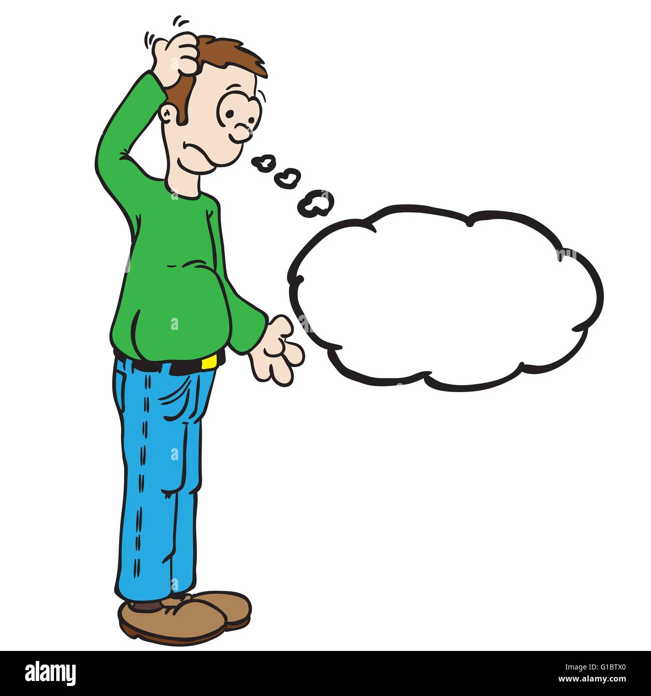 Uomo con bolle di pensiero di graffiare la sua testa cartoon Illustrazione Vettoriale