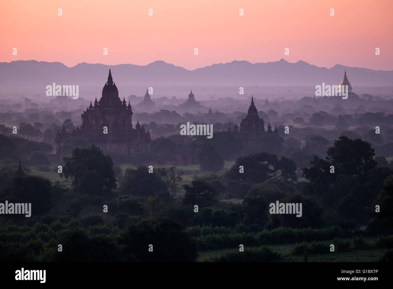 Alba sopra gli antichi templi di Bagan sparsi attraverso il brumoso paesaggio Foto Stock