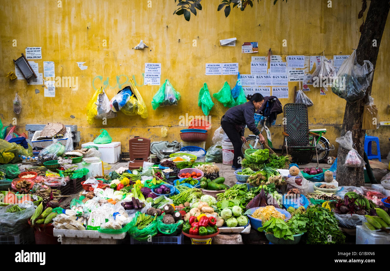 Una donna al suo street stallo nella città vecchia di Hanoi e il Vietnam Foto Stock