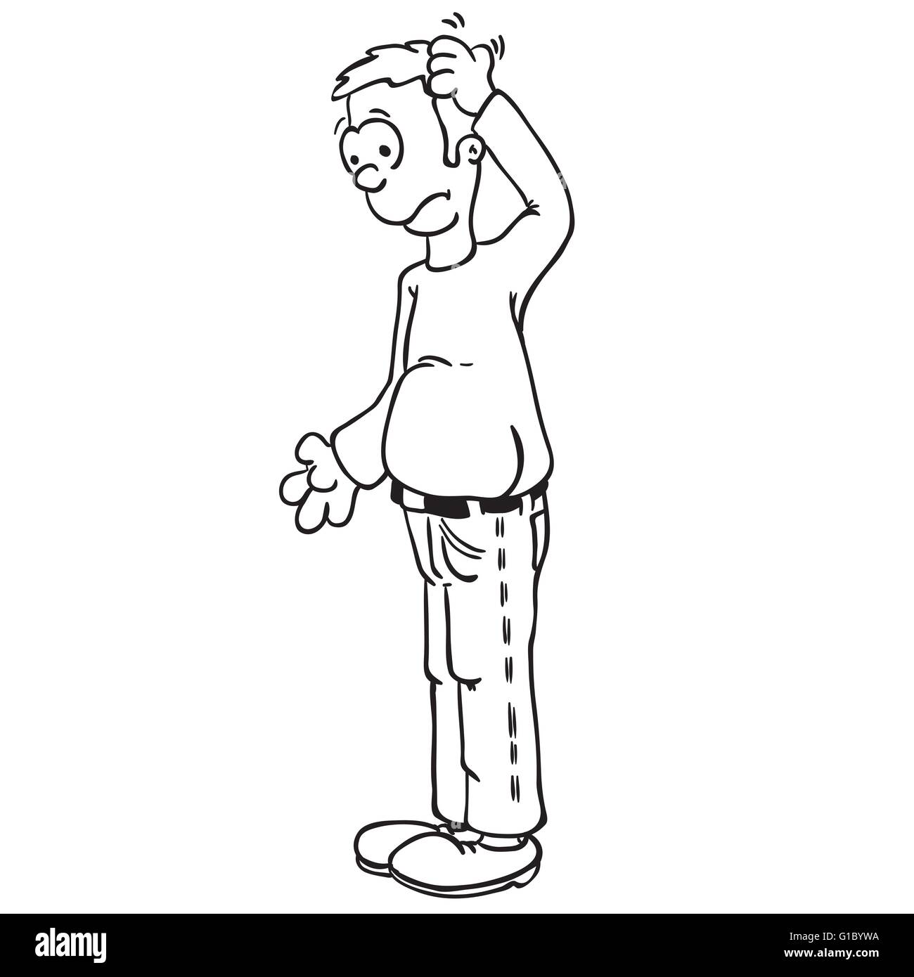 Semplice in bianco e nero uomo di graffiare la sua testa cartoon Illustrazione Vettoriale