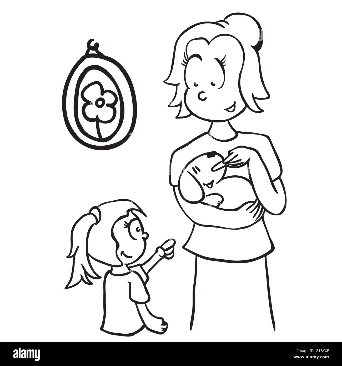 Semplice in bianco e nero la mamma alimentando un cane cartoon Illustrazione Vettoriale