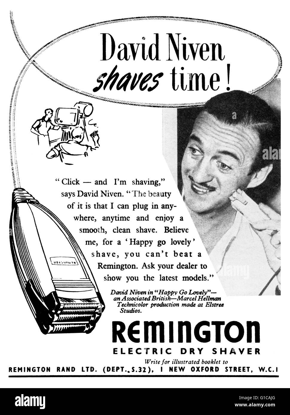 1951 UK Remington elettrico a secco annuncio rasoio dotata di film di star David Niven Foto Stock