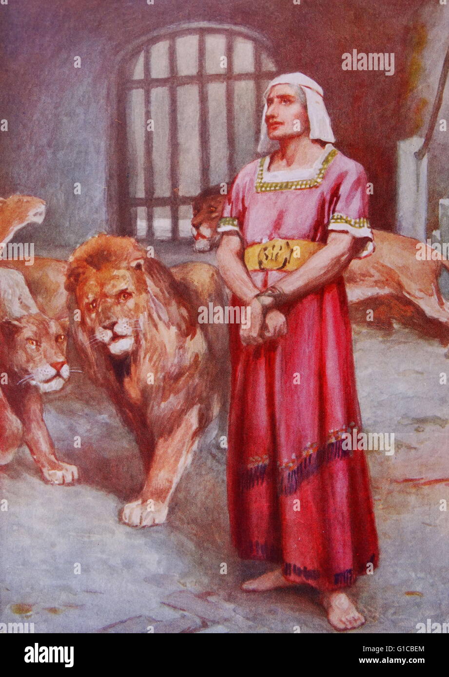 Dipinto raffigurante Daniele nella fossa dei leoni. Foto Stock