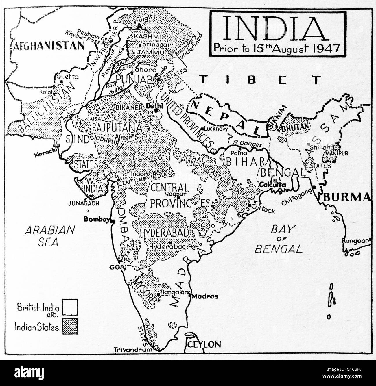 Mappa raffigurante l'India prima di agosto XV 1947 mettendo in evidenza le aree che sono state India britannica e Stati indiani Foto Stock