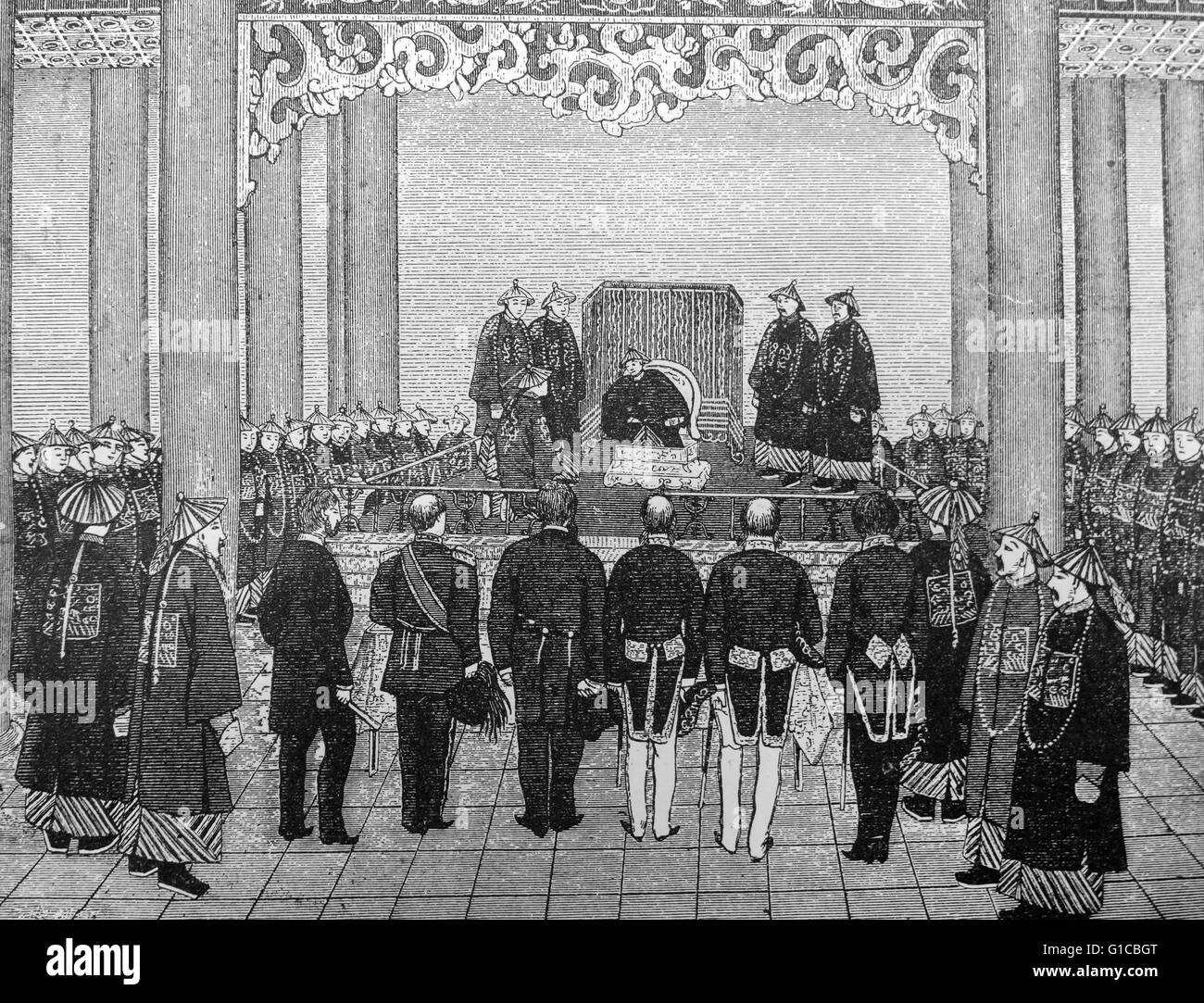 Incisione raffigurante l'imperatore T'ung-chih (1856-1875) parte dei mancesi Aisin Gioro clan, egli è stato il decimo imperatore della dinastia Qing, e l'ottavo imperatore Qing a governare sulla Cina. Datata del XIX secolo Foto Stock