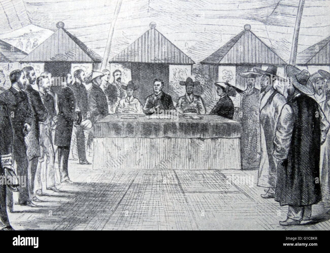 Incisione raffigurante britannici e degli inviati cinese cantando il trattato con la Corea nel 1882 Foto Stock