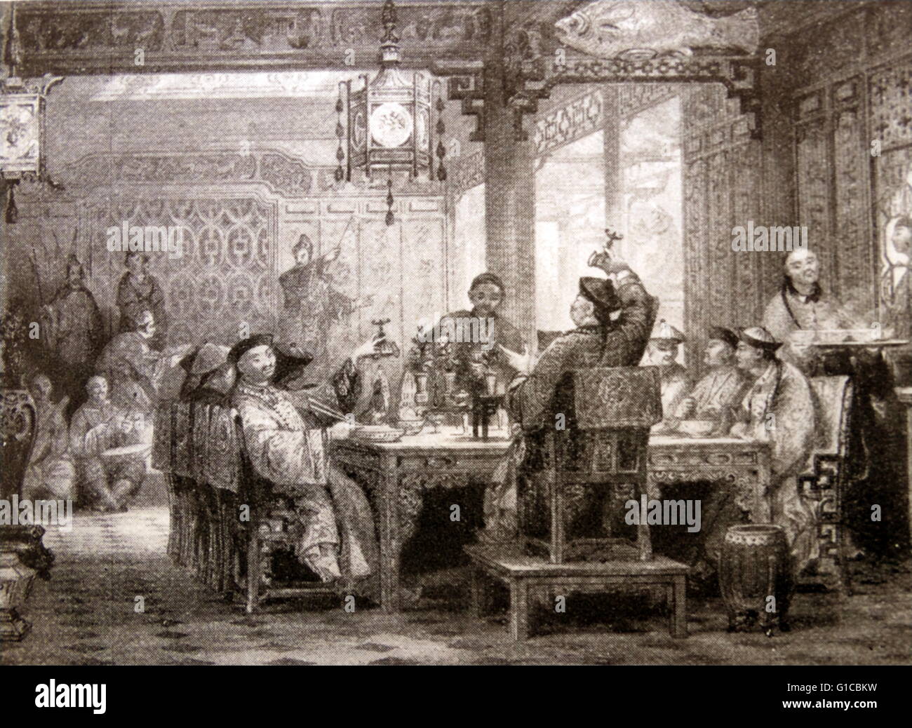 Incisione raffigurante un cena a tavola in casa di un ricco ufficiale cinese. Datata del XIX secolo Foto Stock