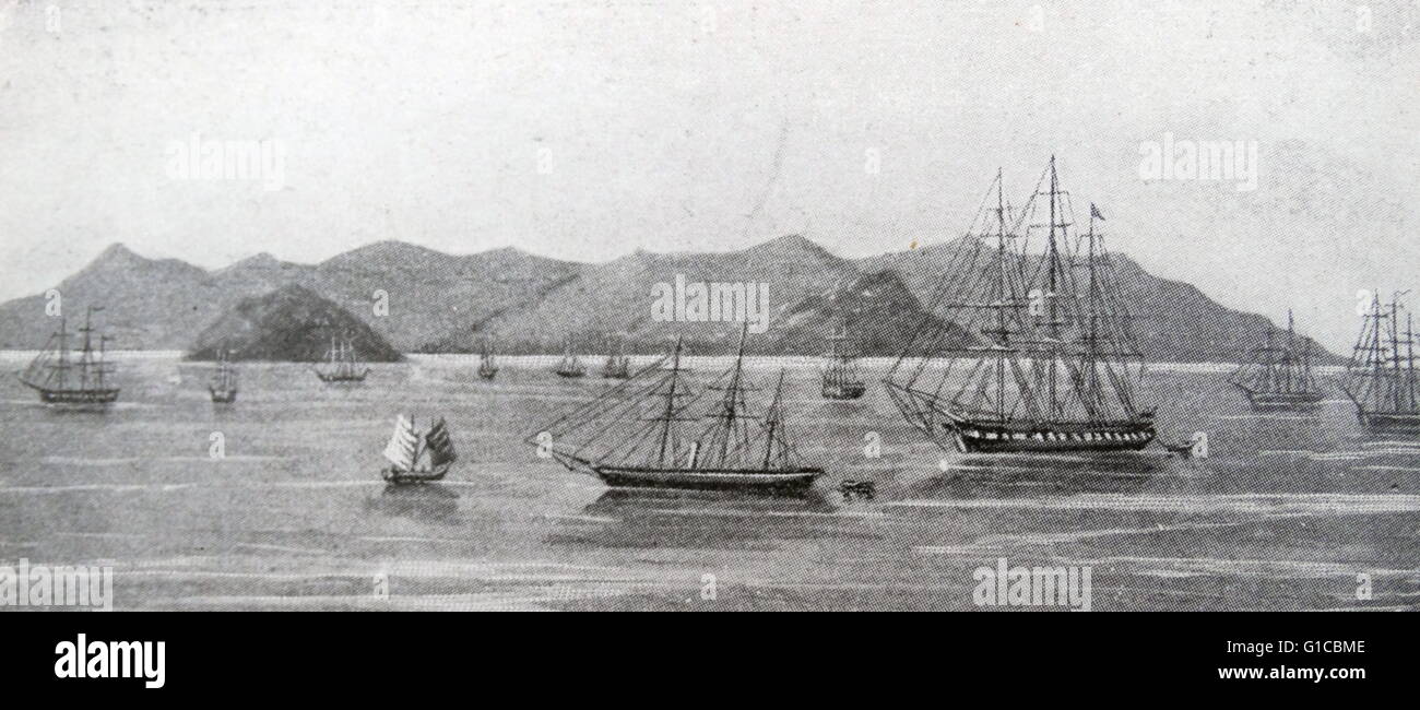 Illustrazione raffigurante la flotta britannica giacente Kintang off prima della professione di Chusan, Cina. Datata del XIX secolo Foto Stock