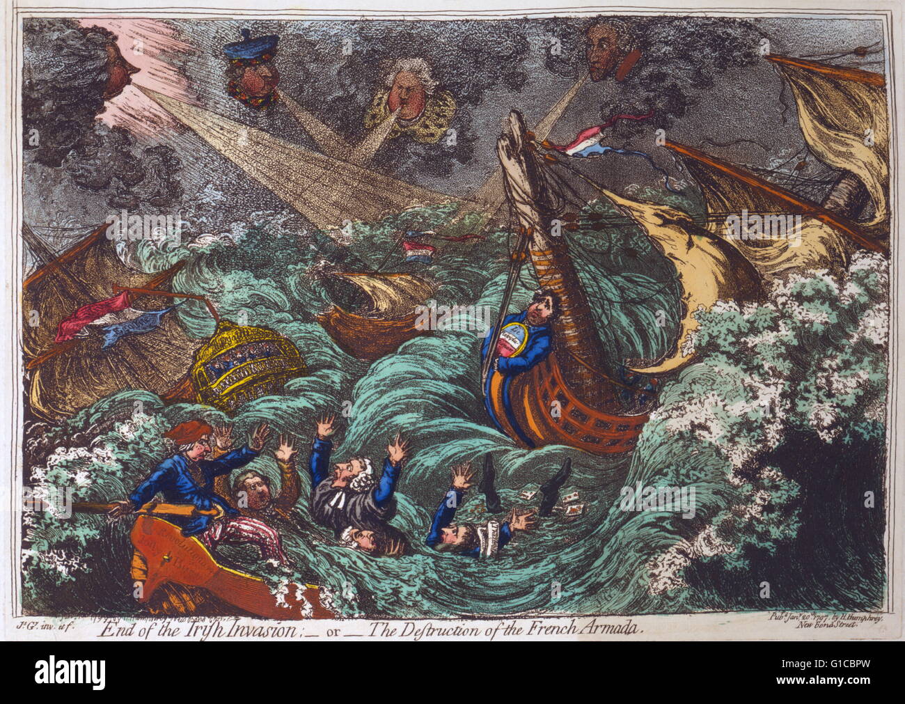 Colorate a mano di attacco francese raffigurante navi da guerra, etichettate Le Révolutionaire, L'Egalité e il rivoluzionario Jolly imbarcazione, essendo sballottati durante una tempesta soffiati da Pitt, Dundas, Grenville e Windham, le cui teste vengono visualizzati dalle nuvole. Charles Fox è la polena su Le Révolutionaire che sta naufragando con montante rotto. Il Rivoluzionario Jolly imbarcazione viene sommersa, gettando Sheridan, Hall, Erskine, M.A. Taylor e la parete a mare Foto Stock